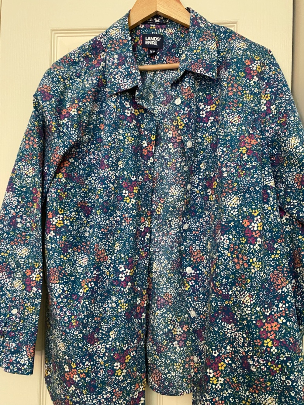 Lands' End Teal Floral Button-Up Blouse